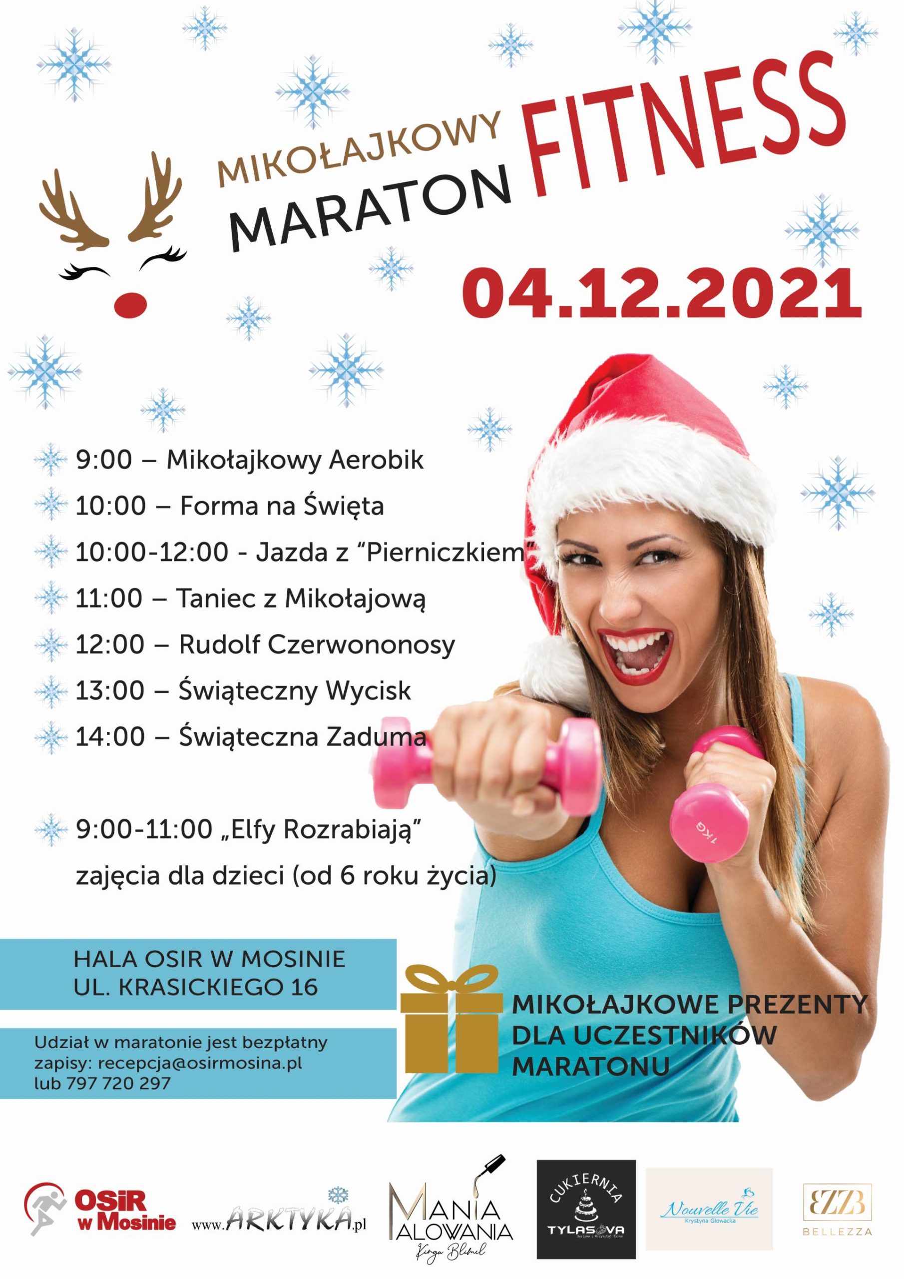Informacje dotyczące Mikołajkowego Maratonu Fitness, który odbędzie się 4 grudnia 2021 roku