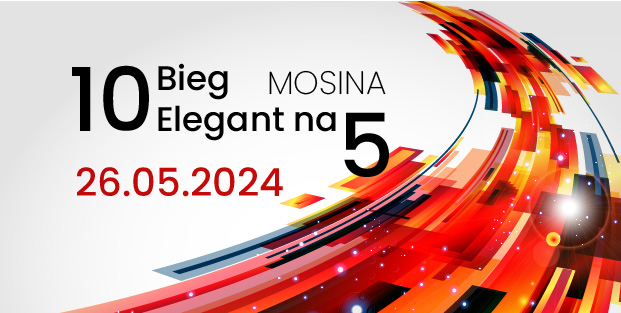 Baner informujący o 10 edycji biegu pod nazwą Elegant na 5, który odbędzie się w Mosinie w dniu 26 maja 2024 r. Szare tło. Czarne napisy, data w kolorze czerwonym. Kolorowe paski: czerwony, żółty, pomarańczowy, czarny na środku plakatu, układające się w drogę.